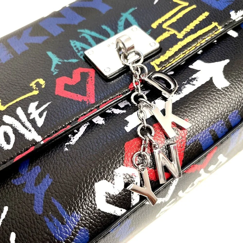 DKNY Cleo Medium Graffiti Crossbody Shoulder Bag Black Multi Logo Chain NWT $230